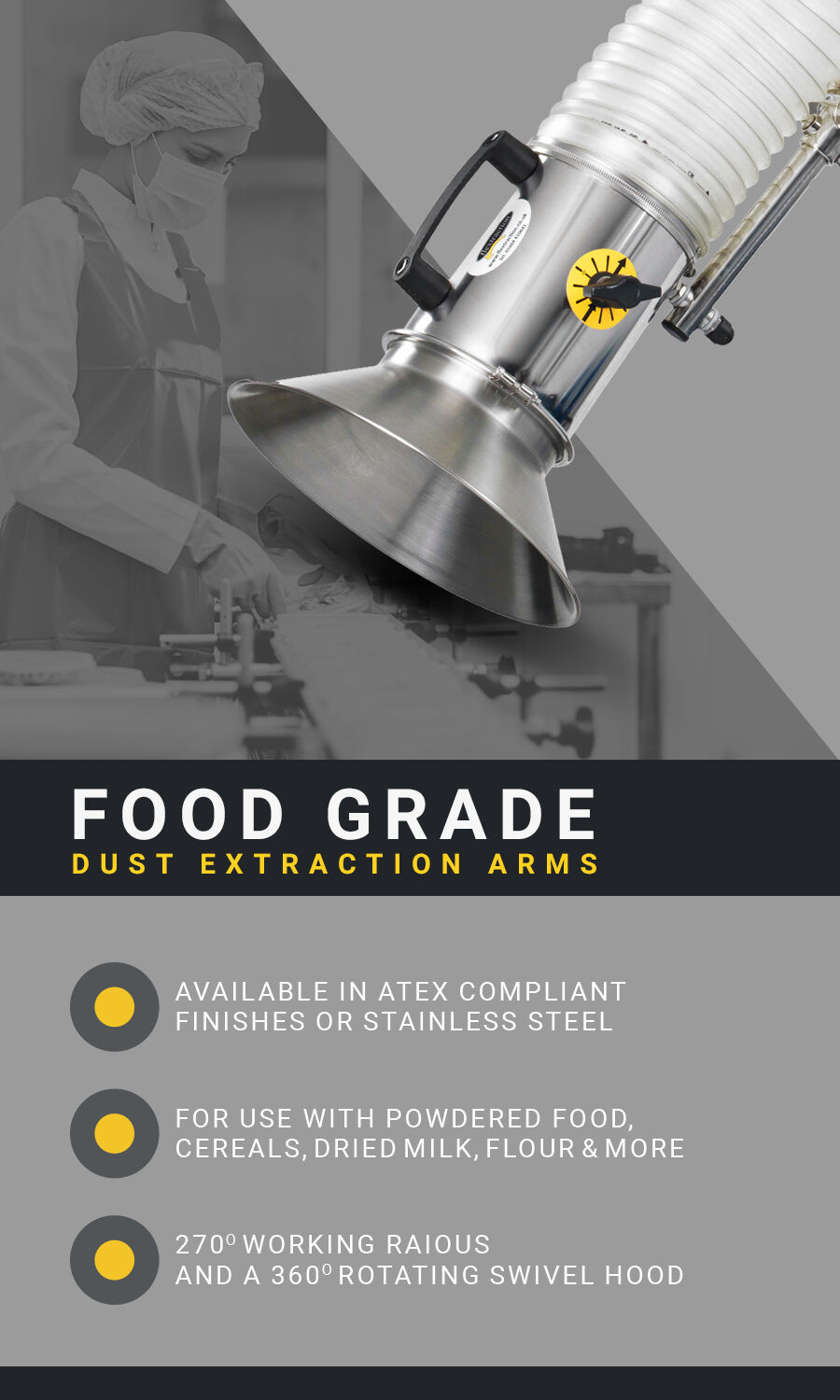 Food grade extraction arm atex compliant and stainless steel flextraction ltd